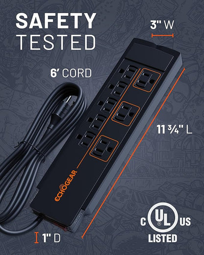 ECHOGEAR ShockBlocker 8 Outlet Surge Protector Power Strip - Slim Design Can Power & Protect Your Entire TV, Office, Or Gaming Setup - Advanced Surge Suppressor with 3420 Joules of Protection