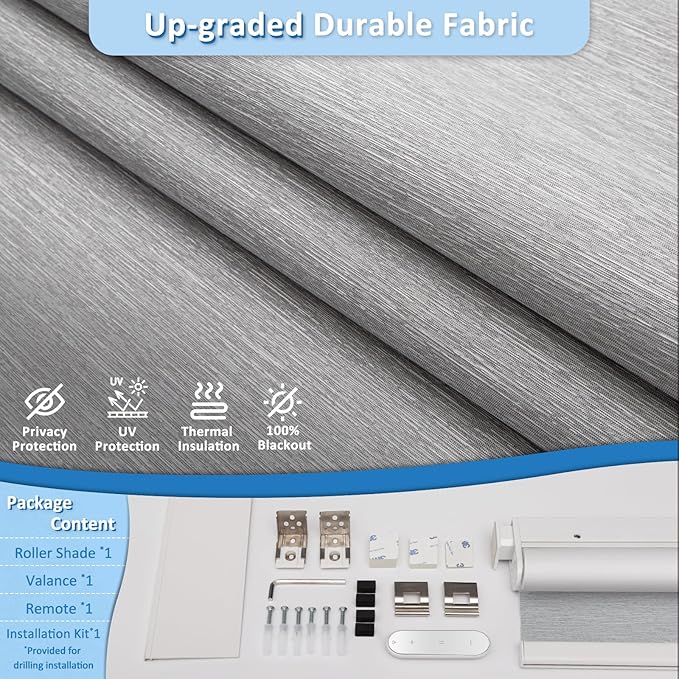 MANSNIX Smart Motorized Blinds with Remote, Cordless No-Drill Automatic Roller Shades, Blackout Electric Blind for Windows, Grey, 38 x 72