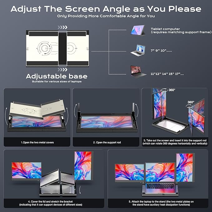 Laptop Screen Extender F3, Triple Portable Monitor 14-inch 360 Degrees Rotation with Stand, IPS FHD 1080P Workstation for Windows/Mac/Linux/Chrome Compatible with Notebook/Mini PC