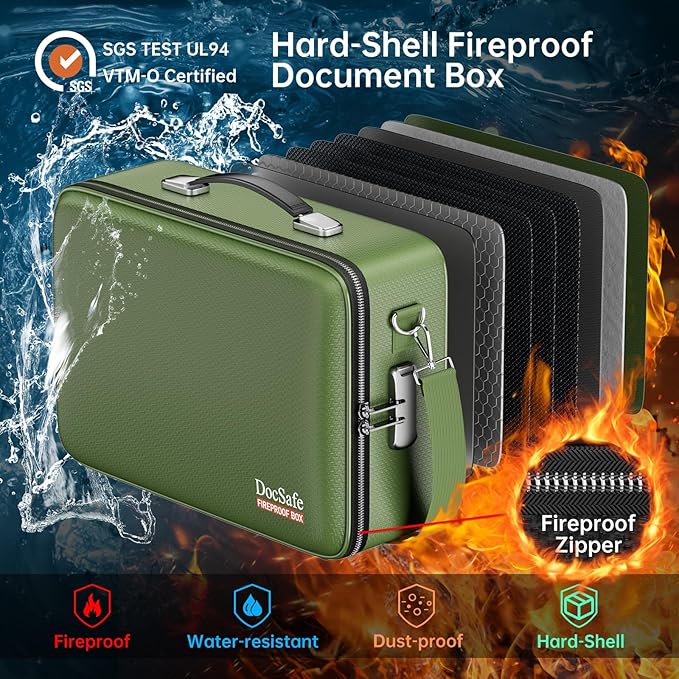 DocSafe Fireproof Document Box with Lock＆Shoulder Strap,Hard Case File Organizer with Accordion File Folder,Multi-Layer Portable Home Office Travel Safe Storage for Important Documents Laptop Green