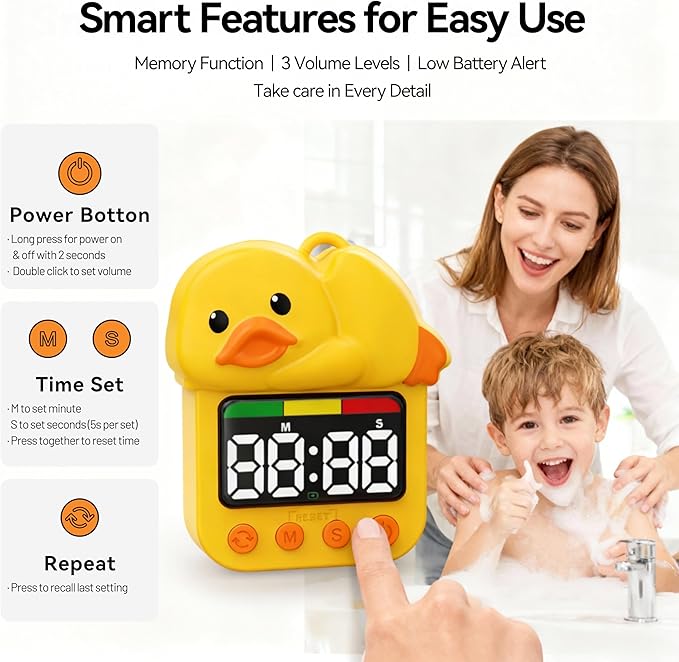 Doli Yearning Duck Shower Timer for Kids Waterproof Quacking Shower Clock Bathroom Magnetic Charging