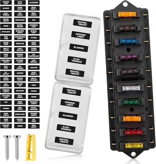 RED WOLF Car 10 Way Fuse Block Blade Fuse Box Standard Circuit Fuses Holder Fit Car Trailer Truck SUV Boat Marine Auto RV Power Distribution Panel Damp-Proof Cover DC 10-32V