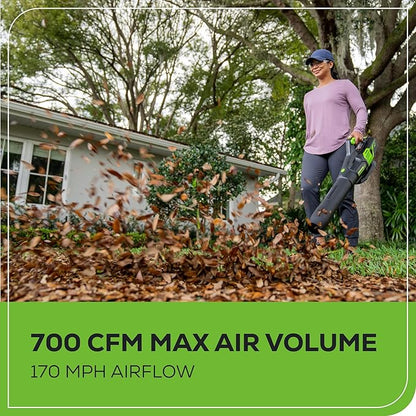 Greenworks 60V 700 CFM Brushless Leaf Blower, 5.0 Ah Battery and Rapid Charger