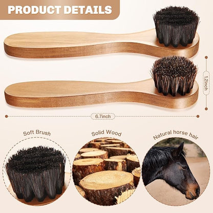 2 Pcs Horsehair Shine Shoes Brush Kit Polish Dauber Applicators Cleaning Leather Shoes Boots Care Brushes Suede Cleaner Brush(Wooden Long Handle)