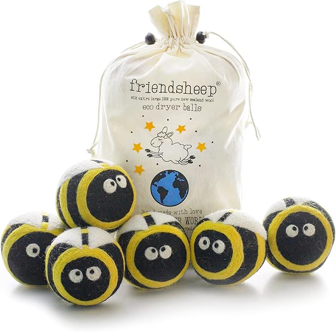 Friendsheep Wool Dryer Balls, Organic Reusable Fabric Softener Alternative for Laundry, Handmade, Fair Trade, Hypoallergenic, Eco-Friendly, Plastic-Free (6 Pack XL – Busy Bees)