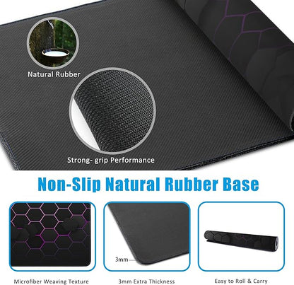 EOBKLAX Grid with Purple Light Large Gaming Mouse Pad,Waterproof Desk Mat for Desktop,Non-Slip Rubber Base Mousepad with Stitched Edges for Laptop Office and Home 35.4X15.7 Inch