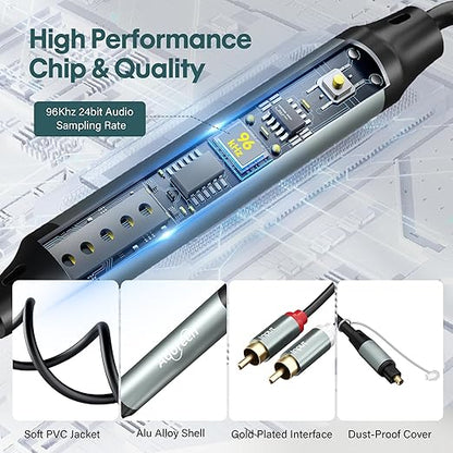 Adoreen Unidirectional 2 RCA Input to SPDIF/Toslink Output Optical Adapter Cable 10 Ft, Analog to Digital Audio Converter, 48Khz/96Khz for Turntable CD DVD to Soundbar TV Home Theater System
