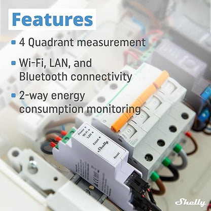 Shelly Pro 3EM (120A) | Wi-Fi & LAN, 3-Phase Smart Energy Meter | 2-Way Consumption | Home Automation | Bluetooth Gateway | Compatible with Alexa & Google Home | No Hub Required | Solar Panels