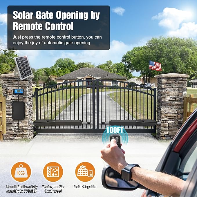 JUJIANG C026 Solar Gate Opener with Batteries & Solar Panel for Dual Swing Gates Up to 1540lb Automatic Gate Opener with Remote Complete Kit Medium Duty Electric Gate Opener Solar Powered 60W Motor