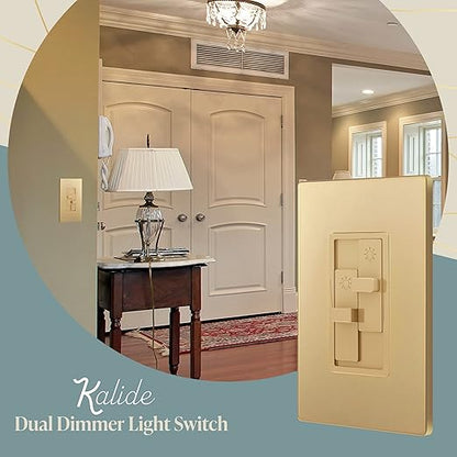TOPGREENER Elite Series Kalide Dual Load Dimmer Light Switch, Double LED Dimmer Switch, Full Range Dimming, Single Pole, 120VAC, 60Hz, 200W LED/CFL, Neutral Wire Not Required, TGDDS-GD, Gold