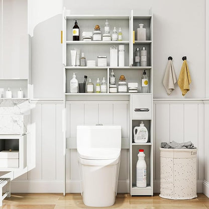 Farmhouse Over The Toilet Storage Cabinet with 2 Doors & 7 Shelves - Rustic Bathroom Cabinet Organizer Storage for Bathroom, Laundry
