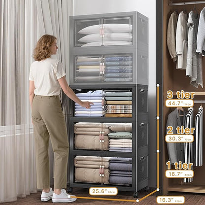 Extra Large Stackable Storage Bins with Lids & Wheels, 330QT-55QT/14GAL*6Pack Foldable Collapsible Closet Organizers Dark Storage Cabinet with Doors for Bedroom Dorm