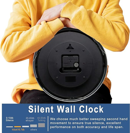 HITO 12 Inch Silent Wall Clock Battery Operated Non Ticking Glass Cover Silver Aluminum Frame, for Kitchen, Bedroom, Home Office, Living Room Decor