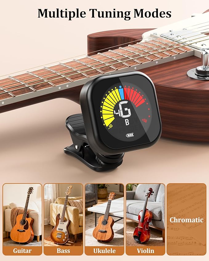New Bee Guitar Tuner Clip-On Rechargeable with Color Screen 360° Rotatable Acoustic Chromatic Open Tuning for Guitar, Bass, Ukulele, Violin, Cello(Black, 1 Pack)