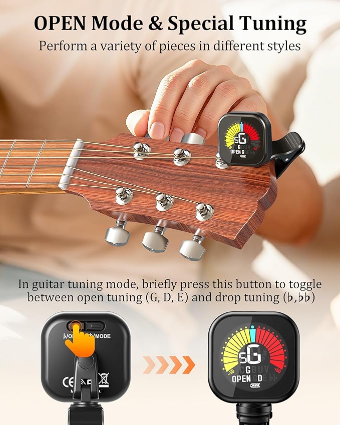 New Bee Guitar Tuner Clip-On Rechargeable with Color Screen 360° Rotatable Acoustic Chromatic Open Tuning for Guitar, Bass, Ukulele, Violin, Cello(Black, 1 Pack)