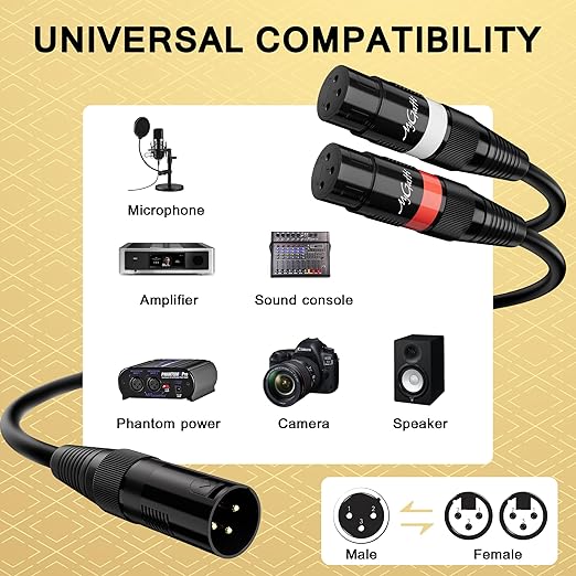 Mygatti XLR Splitter Y-Cable 50 FT, Gold-Plated 3-Pin Male to Dual Female Patch, Bi-Directional Balanced Microphone Adapter Cord, Oxygen-Free Copper