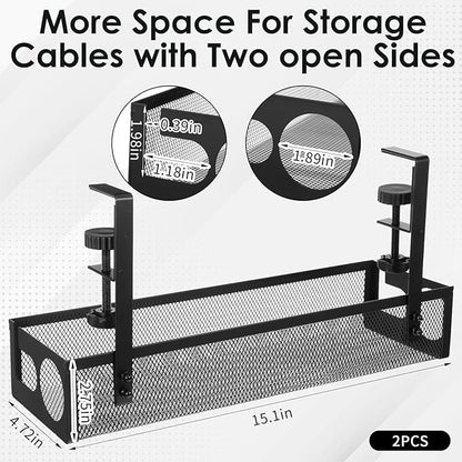 2 Pack Under Desk Cable Management Tray, 15 Inch No Drill Metal Mesh Organizer with Hybrid Side Slots, Wire Holder Storage Rack for Office Home Desk