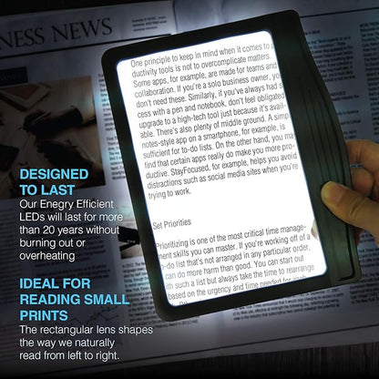 MagniPros 5X Rechargeable Large Ultra Bright LED Page Magnifier with Anti-Glare Lens & 3 Color Dimmable Light Modes, Relieve Eye Strain- Ideal for Reading Small Prints, Low Vision, Seniors