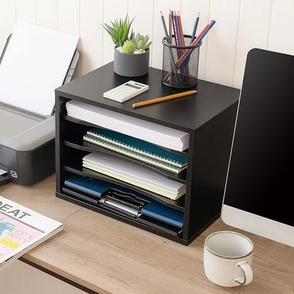 FITUEYES Wood Desk Paper Organizer with 4 Tiers Storage, Desktop File Holder, Document Letter Sorter Tray with Adjustable Shelves, Home Office Wooden Mail Rack, Black