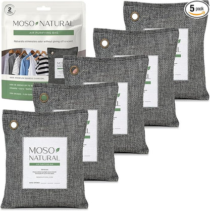 Moso Natural Air Purifying Bag 200g (5 Pack) HGTV Editor's Pick | Premium Bamboo Charcoal Odor Absorber for Home & Car | Closet Odor Eliminator & Car Air Freshener | Long Lasting Charcoal Bags