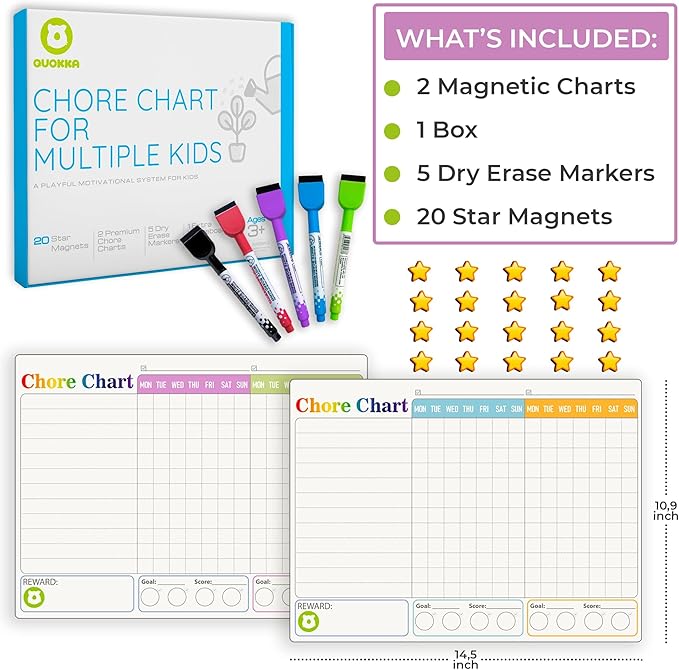 QUOKKA Behavior Chore Chart for Multiple Kids -7x10 inch Magnetic Board Also Hangs on The Wall - Includes 2 Charts and Accessories - Accommodates All Ages from Toddlers to Teens