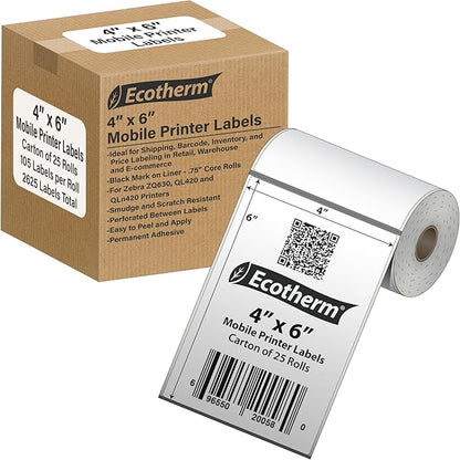 4" x 6" Mobile Printer Labels | 25 Rolls | 2625 Labels | fits Zebra ZQ630, QL420, and QLn420 Printers | Black Mark On Liner | .75" Core Rolls | by Ecotherm