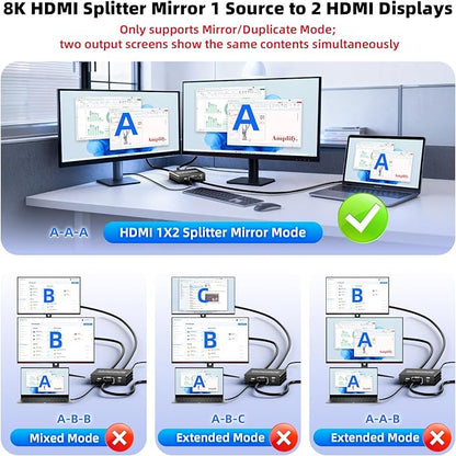 HDMI 2.1 Splitter 1 in 2 Out 4K 120Hz with 8K HDMI Cable and Power Adapter, BolAAzuL 8K 60Hz 1x2 HDMI Y Splitter with Audio Out for Dual Monitors Duplicate, Support HDCP 2.3 HDR for PS5/Xbox/PC/TV