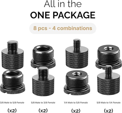IXTECH Mic Stand Adapter Set 8 pieces Metal Microphone Stand Screw Thread Adapter 5/8 Female to 3/8 Male 3/8 Female to 5/8 Male 5/8 Female to 1/4 Male 1/4 Female to 5/8 Male Tripod Adapter ADP02A Blck