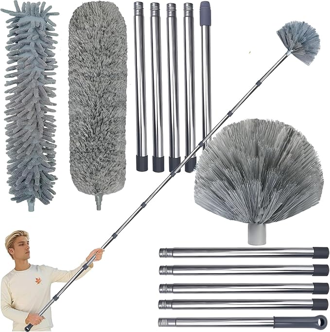 20+ Feet High Reach Duster Kit with 3-14 ft Extension Pole for Cleaning Fan, Spider Web, High Ceiling, Blinds, Furniture, Cars - Cobweb Microfiber Duster // Outdoor & Indoor Extendable Duster