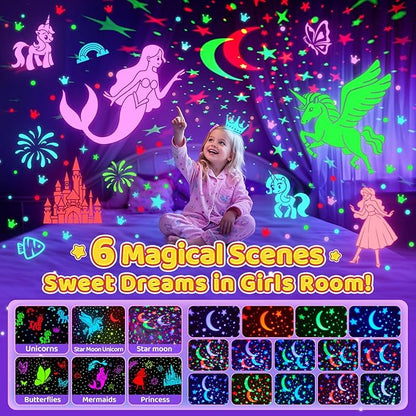 Onefire Girls Toys for Girl Gifts, 6 Films Light Projector Unicorn Toys for Girls Age 4-6, Rechargeable Night Lights for Bedroom, 360° Rotating Butterfly Decor Mermaid Gifts Princess Baby Toddler Toys