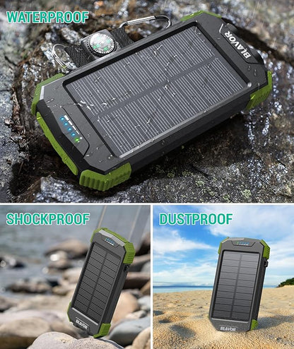 BLAVOR Solar Power Bank 10,000mAh, Portable Wireless Charger, 20W Fast Charging External Battery Pack with USB C for Cell Phones, Solar Panel Charging with Dual Flashlight for Camping