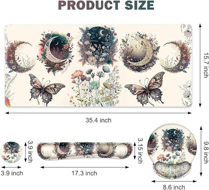 Large Desk Mat, Cute Boho Plants Mouse Pad, Apricot Desk Pad, XXL Mousepad + Keyboard Wrist Rest+Mouse Wrist Rest+Coaster Desk Pad for Girl Women Home Office Decor Aesthetics, Floar Butterfly Moon