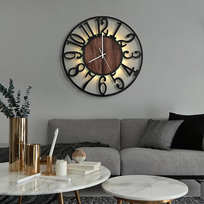 LEIKE Large Wall Clocks with Night Light Battery Operated,Silent Non Ticking,Rustic Modern Big Wood Clock for Living Room, Bedroom,Kitchen,Farmhouse,Office,Home Decor-24 Inch(Black-Arabic Number)