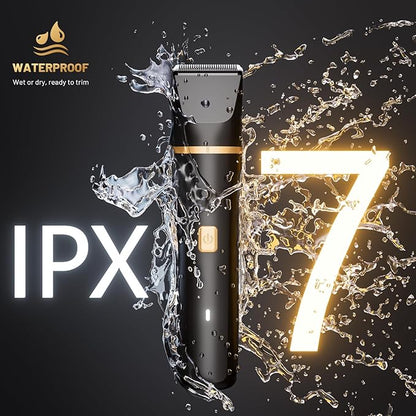 Electric Body Trimmer for Men, IPX7 Waterproof Groin and Pubic Hair Shaver, 2 in 1 Dual Head Grooming Kit for Beard Nose Ear, Cordless Rechargeable with Charging Dock, Ceramic Blades, Painless Trim