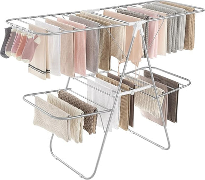 SONGMICS Clothes Drying Rack, Foldable 2-Level Laundry Drying Rack, Free-Standing Laundry Airer, with Height-Adjustable Wings, 33 Drying Rails, Sock Clips, Silver and White ULLR053W01V1