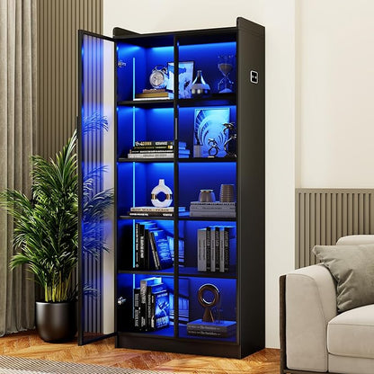 Dystler Display Cabinet with Doors and Adjustable Shelves, 65" Tall Bookcase with LED Lights/Human Sensor, 5 Tier Display Case for Collectibles Bedroom Living Room Office, Black