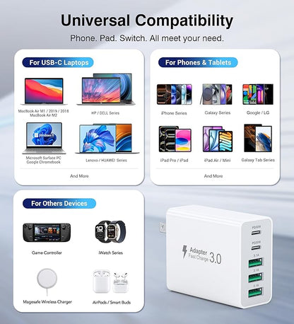 60W Fast Charger Block,2-Pack USB C Wall Charger,5-Port Dual 30W PD Charging Adapter+QC 3.0 Wall Plug Multiport Total power 60W Type C Charging Cube Brick For iPhone 17/16/15/14/13/Pro Max,iPad,Galaxy