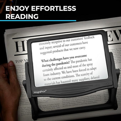 MAGNIPROS Patented 5X Large LED Page Magnifier with Detachable Stand | Eye Caring 3 Color Light Modes & Anti-Glare Lens to Reduce Eye Strain-Ideal for Reading Fine Print, Crafting, Low Vision Seniors