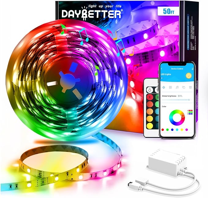 DAYBETTER Led Strip Lights Smart with App Control Remote, 5050 RGB for Bedroom, Music Sync Color Changing for Room Party 50ft