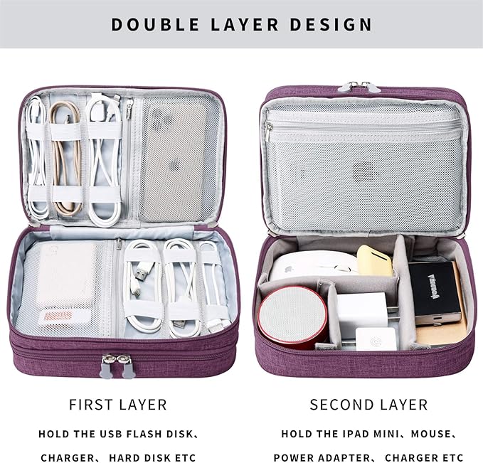 mygreen Electronics Travel Organizer Storage Bag, Double Layer Universal Traveling Gear Accessories Carrying Cover Pouch for iPad Mini Cables Phone Chargers Adapter Flash Hard Drive and More Purple