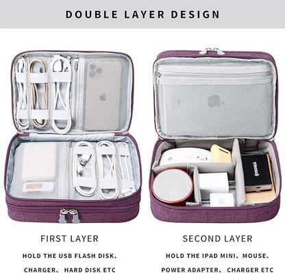 mygreen Electronics Travel Organizer Storage Bag, Double Layer Universal Traveling Gear Accessories Carrying Cover Pouch for iPad Mini Cables Phone Chargers Adapter Flash Hard Drive and More Purple