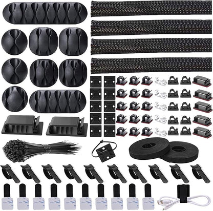 Cord Management Organizer Kit 4 Cable Sleeve split with 41Self Adhesive Cable Clips Holder, 10pcs and 2 Roll Self Adhesive tie and 100 Fastening Cable Ties for TV Office Car Desk Home