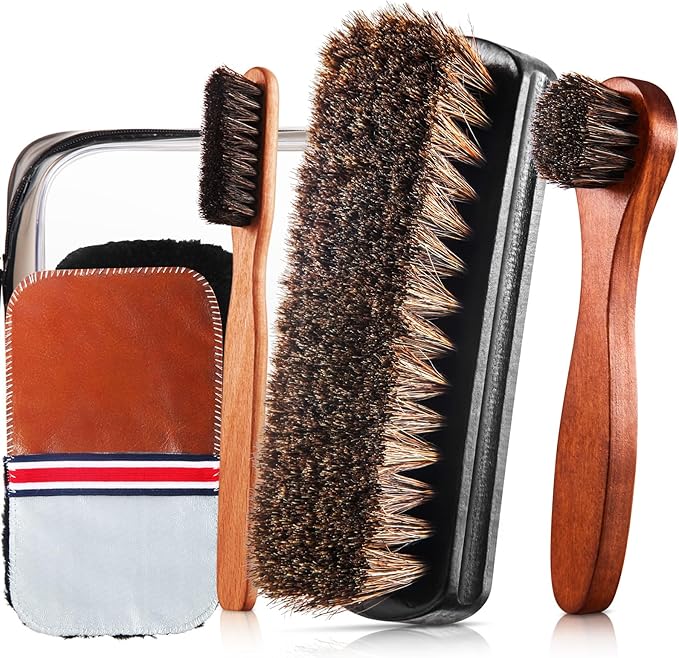 6 Pcs Horsehair Shine Shoes Brush Kit Polish Dauber Applicators Cleaning Leather Shoes Boots Care Brushes Suede Cleaner Brush with Microfiber Shoe Gloves(6 Pcs Style E)
