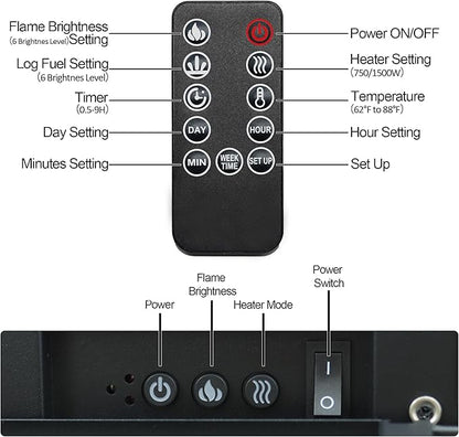 24.5" Electric Fireplace Inserts, Adjustable Brightness, Thermostat&Timer, Overheating Protection, 750/1500W