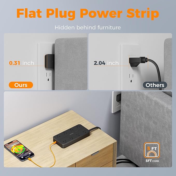 2000J Surge Protector Power Strip, TESSAN 5 FT Extension Cord with Multiple Outlets Flat Plug, 3 USB (1 USB C) and 8 AC Outlets, Wall Mount USB Charging Station for Home Office Supplies, Black