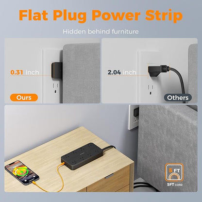 2000J Surge Protector Power Strip, TESSAN 5 FT Extension Cord with Multiple Outlets Flat Plug, 3 USB (1 USB C) and 8 AC Outlets, Wall Mount USB Charging Station for Home Office Supplies, Black