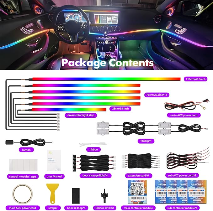 New Version Acrylic Car Dreamcolor Ambient Lighting Kit 14 in 1 LED Interior Car Strip Lights APP Control Zoned Control System 252 Color Modes DIY Neon Wireless Sound Activated RGB Light Bar