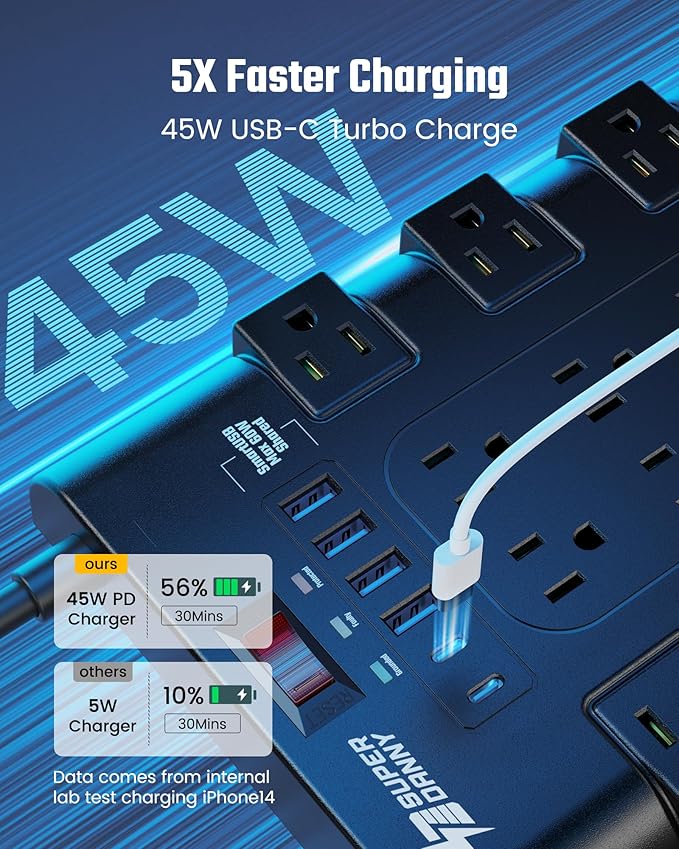10Ft Power Strip Surge Protector, SUPERDANNY Charging Station 22 Outlets with 45W Type-C Fast Charging USB Ports, 4 USB-A, 2 USB-C, 2100J, 15A/1875W, Flat Plug Extension Cord for Home Office Black