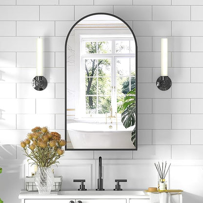 Arched Medicine Cabinet with Mirror, Brushed Black Wall Mounted Bathroom Mirror Cabinet, 3 Adjustable Shelves Storage, Reversible Door Opens Left to Right, Modern Metal Frame, 16 x 30 Inch