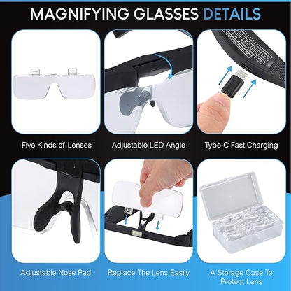 Magnifying Glass with Light, Magnifying Glasses with 5 Detachable Lenses 0.75X-4.0X, Rechargeable Magnifier Headset with 3 LED Lights, Head Magnifier Glasses for Close Work Crafts Jewelry Hobbies